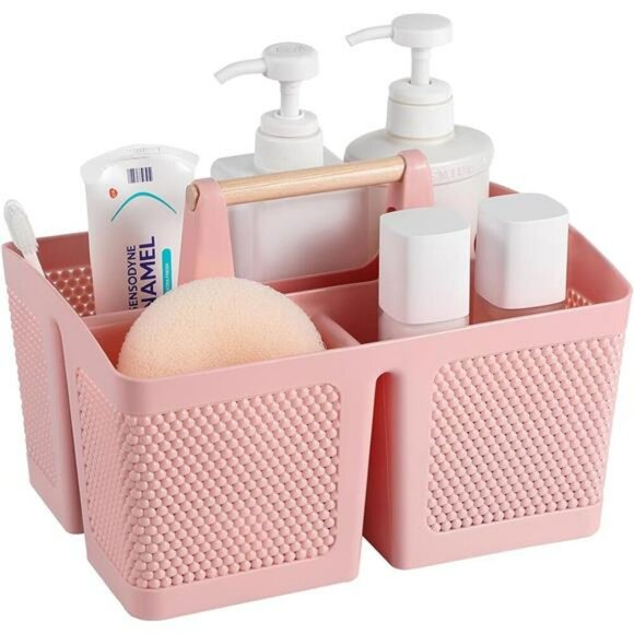 Pink Plastic Shower Caddy Basket Dorm Bathroom Organizer Tote with Handle - Picture 1 of 8